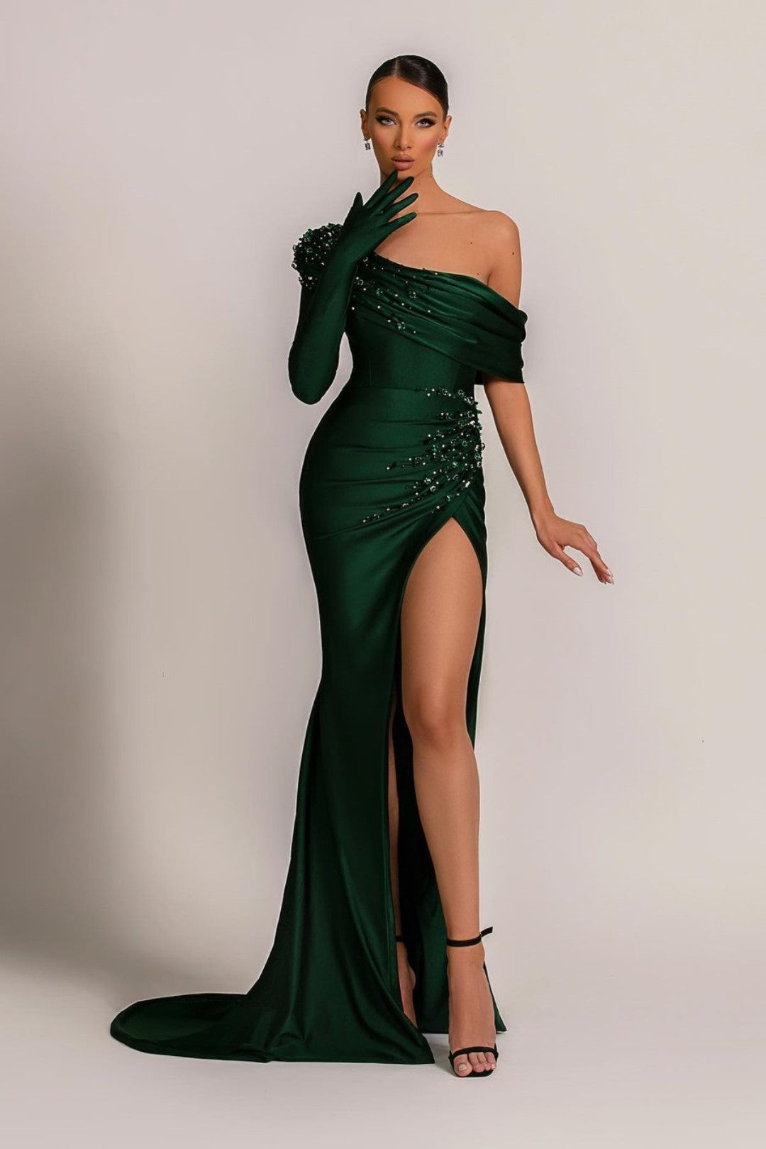 Gorgeous Dark Green Mermaid Prom Dress With One Shoulder Single Sleeve and Beadings Split-Occasion Dress-BallBride