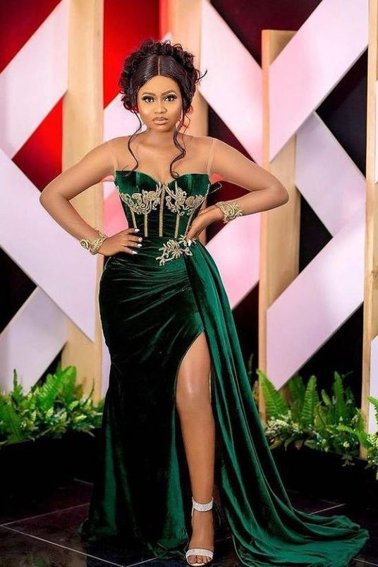 Gorgeous Dark Green Velvet Illusion Neck Prom Dress With Split and Appliques-Occasion Dress-BallBride