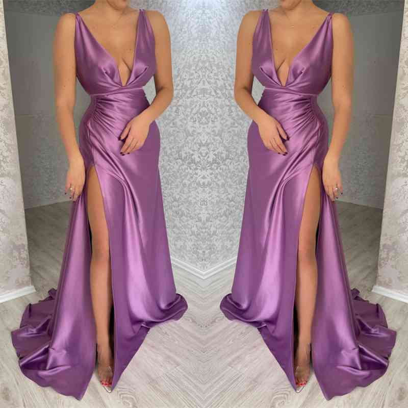 Gorgeous Deep V-Neck Sleeveless Evening Dress Mermaid Long with Slit-Evening Dresses-BallBride