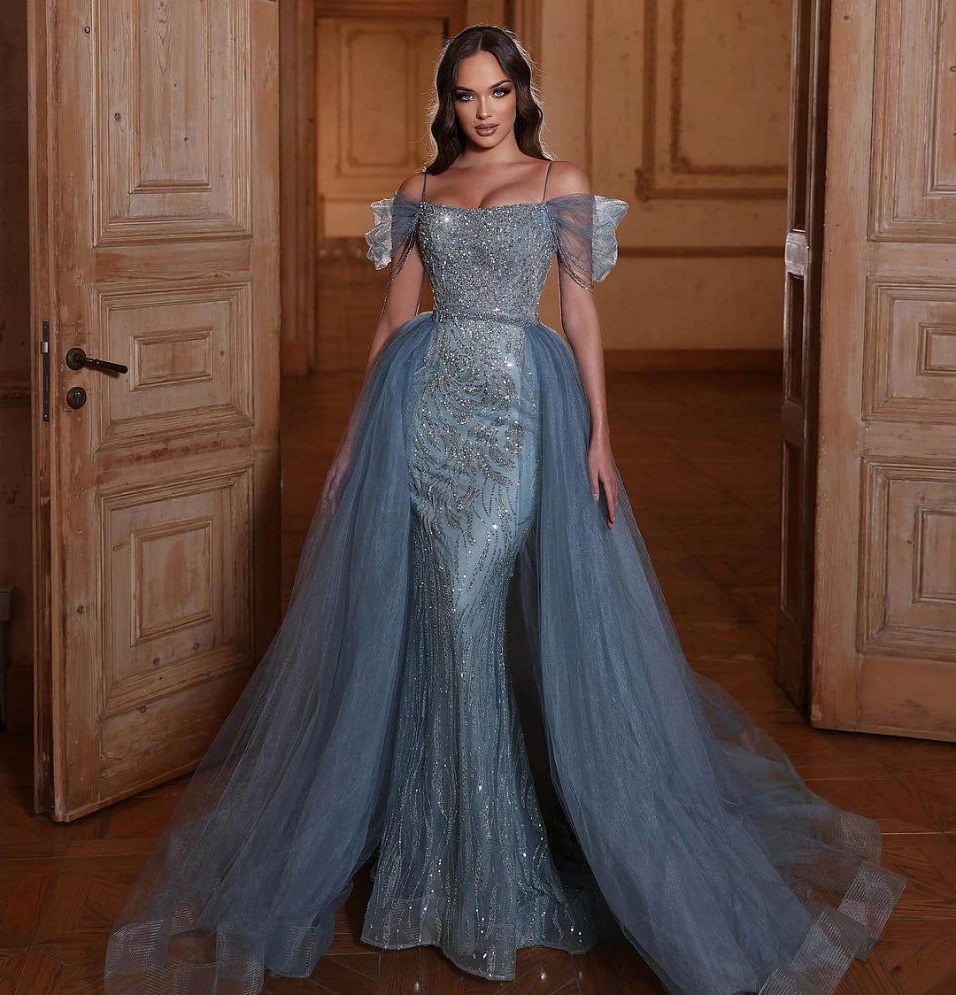Gorgeous Dusty Blue Off-the-Shoulder Beadings Evening Dress Mermaid Long With Tulle Overskirt-BallBride