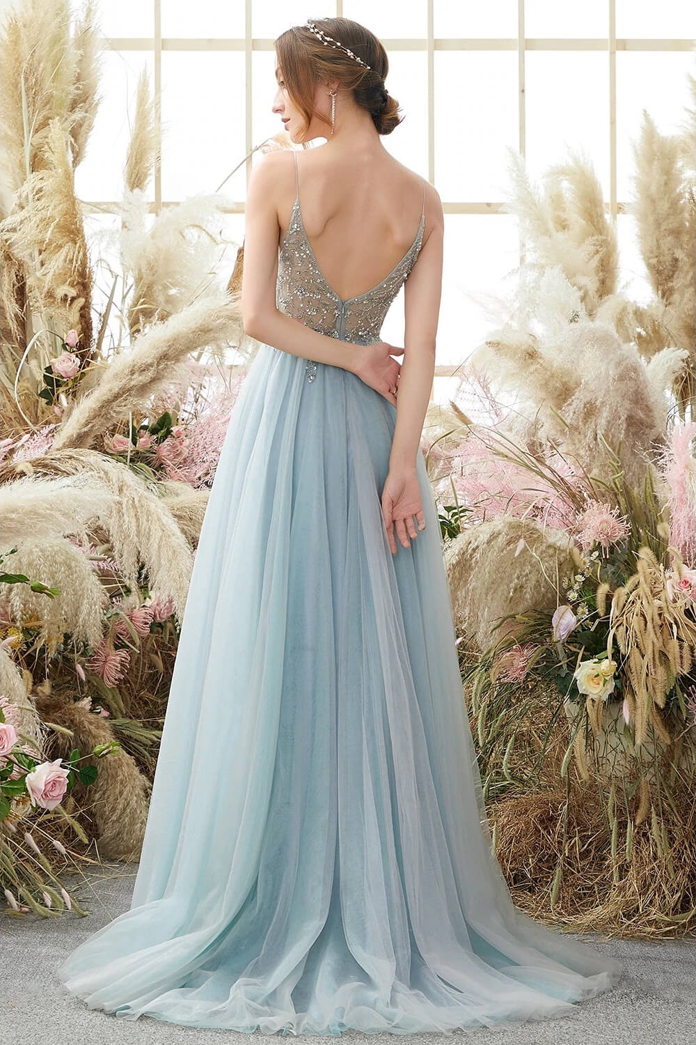 Gorgeous Dusty Blue Tulle V-Neck Prom Dress With Beadings and Slit-Occasion Dress-BallBride