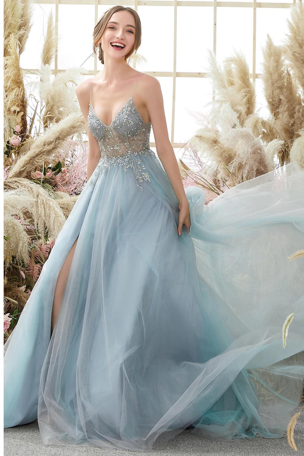 Gorgeous Dusty Blue Tulle V-Neck Prom Dress With Beadings and Slit-Occasion Dress-BallBride