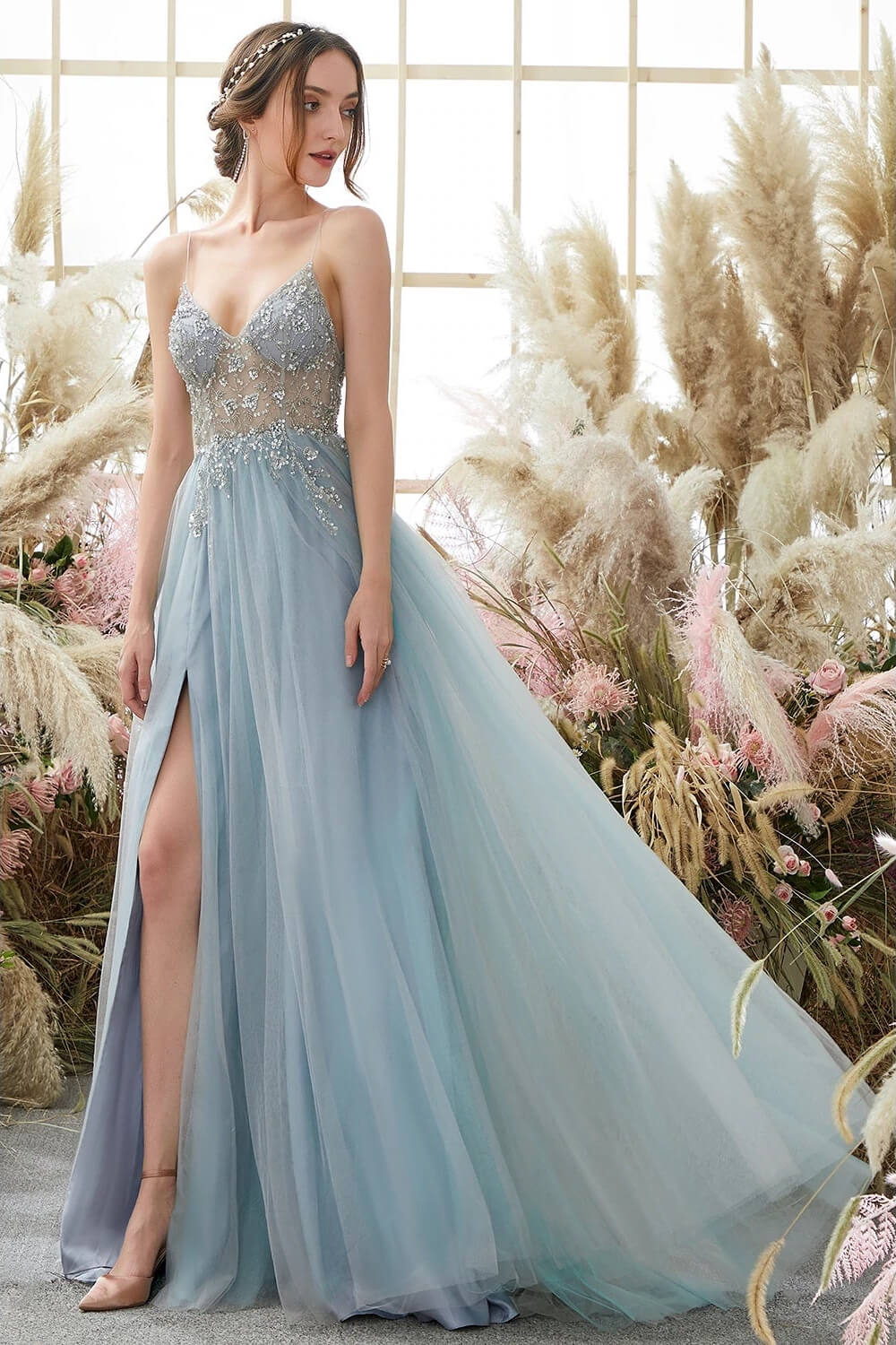 Gorgeous Dusty Blue Tulle V-Neck Prom Dress With Beadings and Slit-Occasion Dress-BallBride