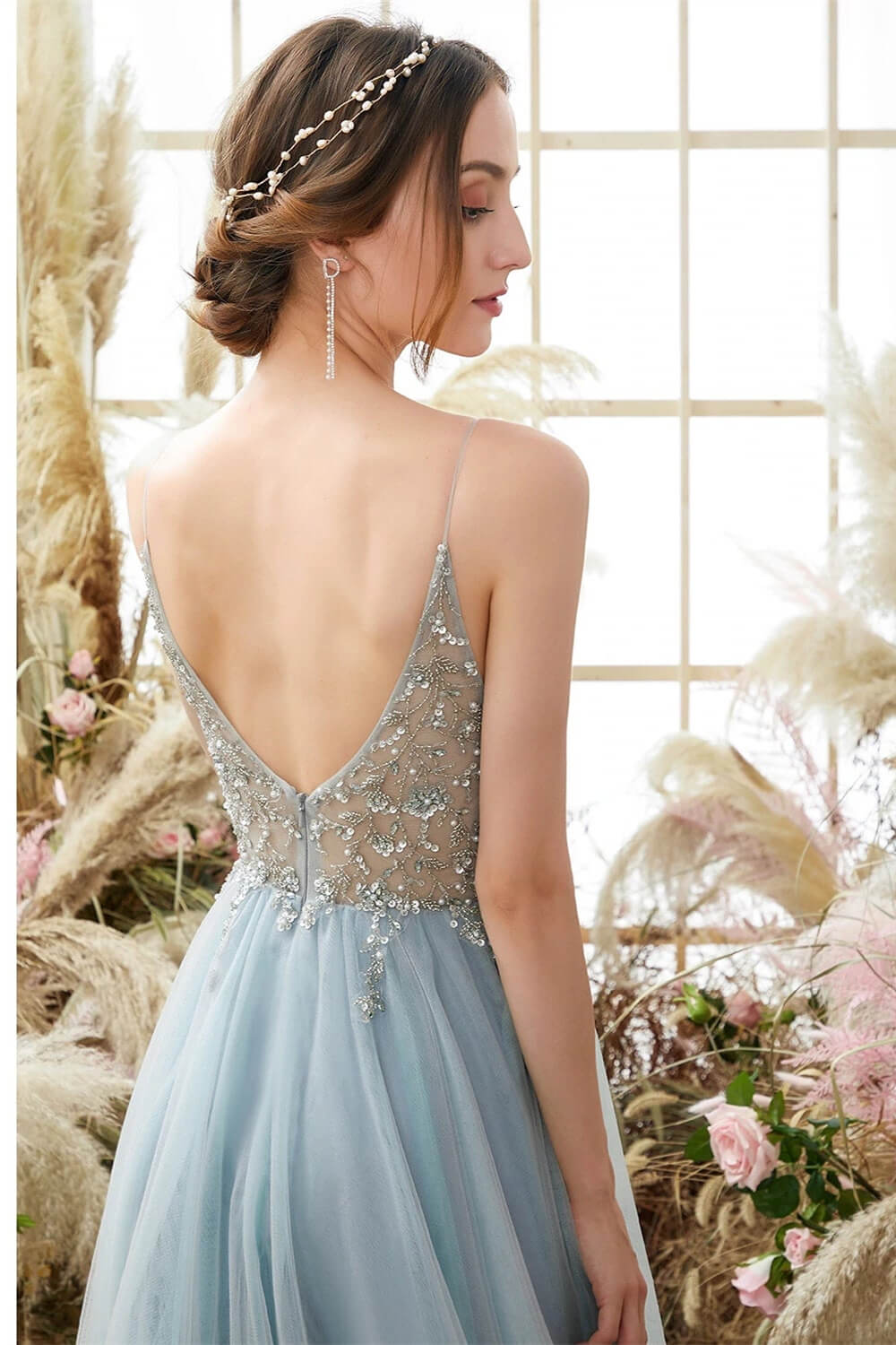 Gorgeous Dusty Blue Tulle V-Neck Prom Dress With Beadings and Slit-Occasion Dress-BallBride