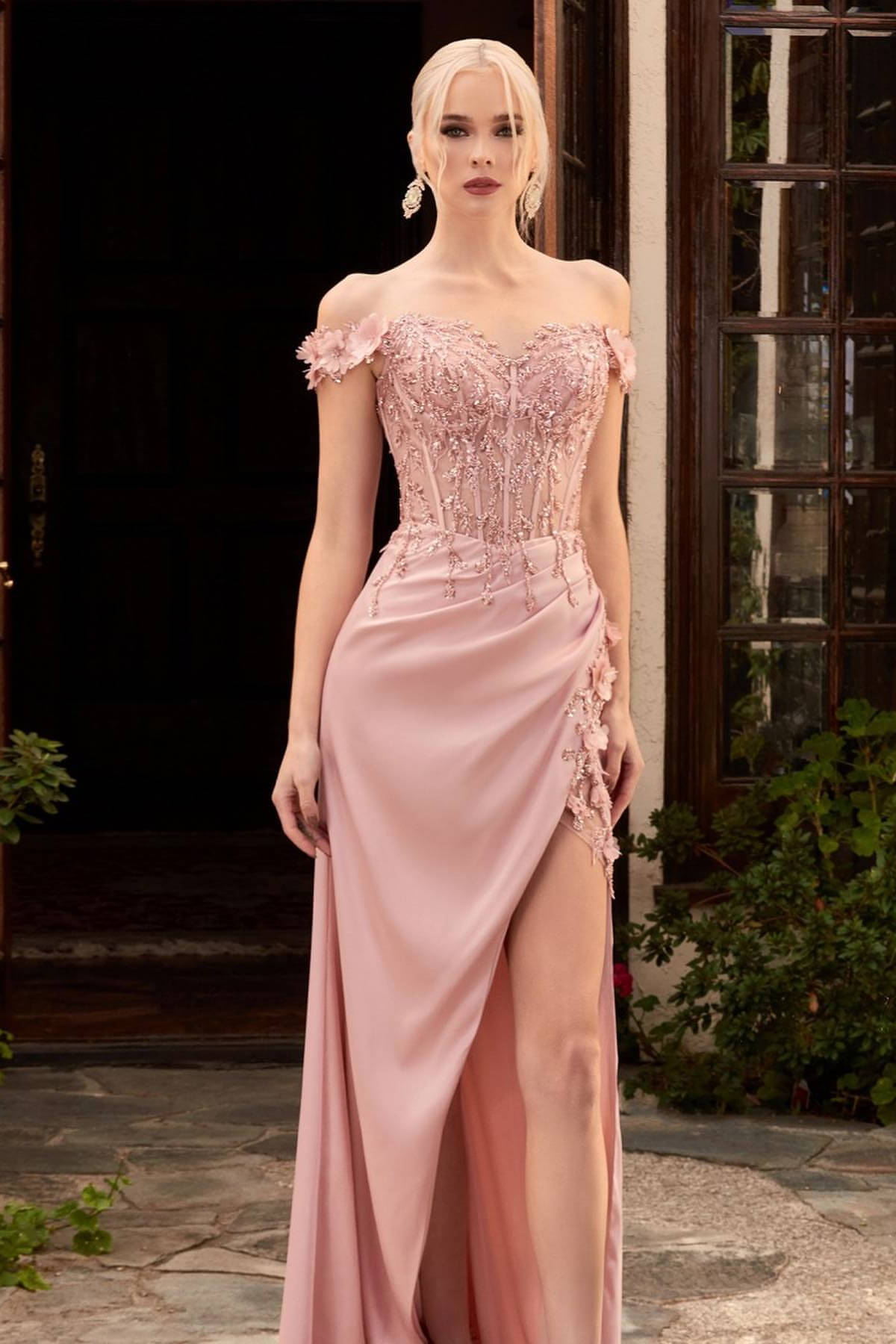 Gorgeous Dusty Pink Prom Dress with Off-the-Shoulder Slit and Appliques-Occasion Dress-BallBride