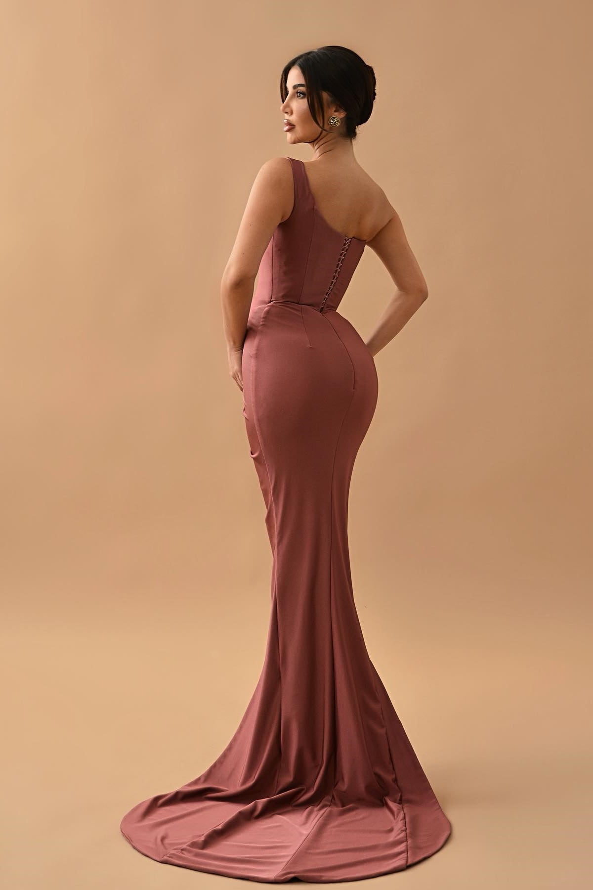 Gorgeous Dusty Rose One-Shoulder Mermaid Prom Dress with Pleats and Split-Occasion Dress-BallBride