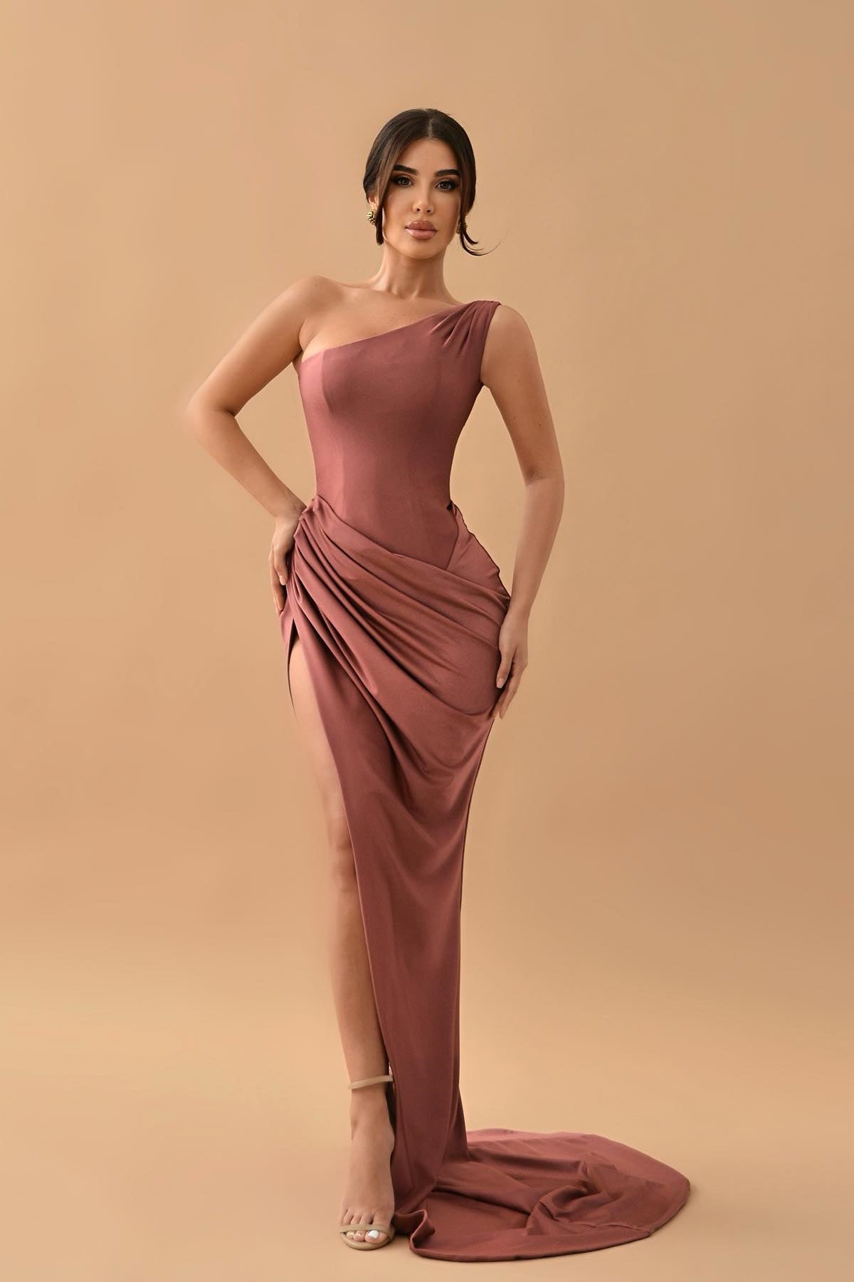 Gorgeous Dusty Rose One-Shoulder Mermaid Prom Dress with Pleats and Split-Occasion Dress-BallBride