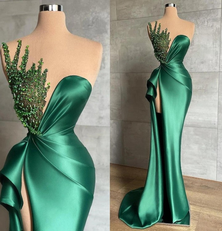 Gorgeous Emerald Green Mermaid Evening Dress With Split & Appliques-BallBride