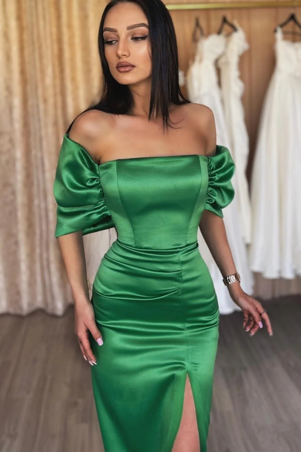Gorgeous Emerald Mermaid Evening Dress Long Slit With Off-the-Shoulder-BallBride
