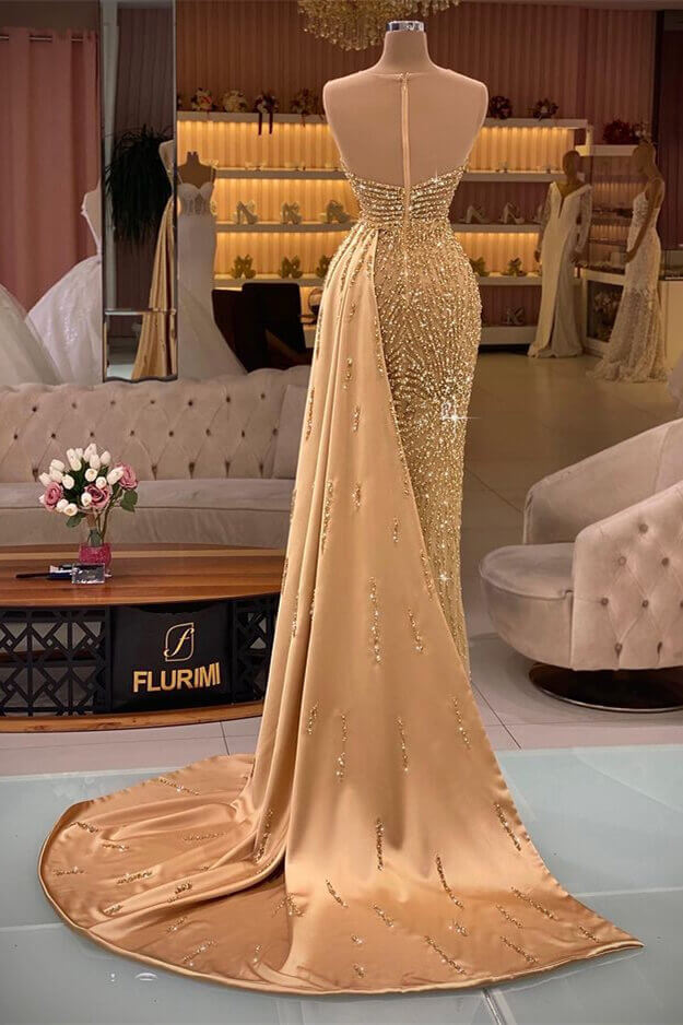 Gorgeous Gold Sweetheart Sleeveless Mermaid Evening Dress with Rhinestone Beadings and Ruffles-Evening Dresses-BallBride