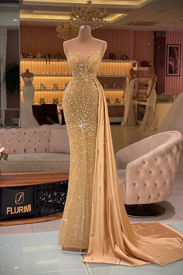 Gorgeous Gold Sweetheart Sleeveless Mermaid Evening Dress with Rhinestone Beadings and Ruffles-Evening Dresses-BallBride