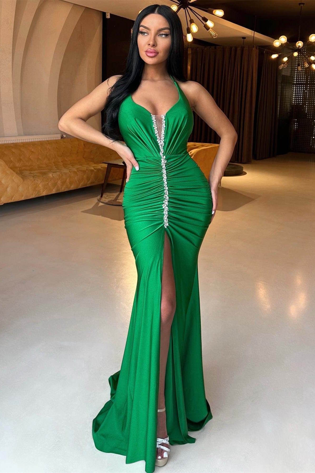 Gorgeous Green Halter Mermaid Prom Dress with Beadings and Front Split-Occasion Dress-BallBride