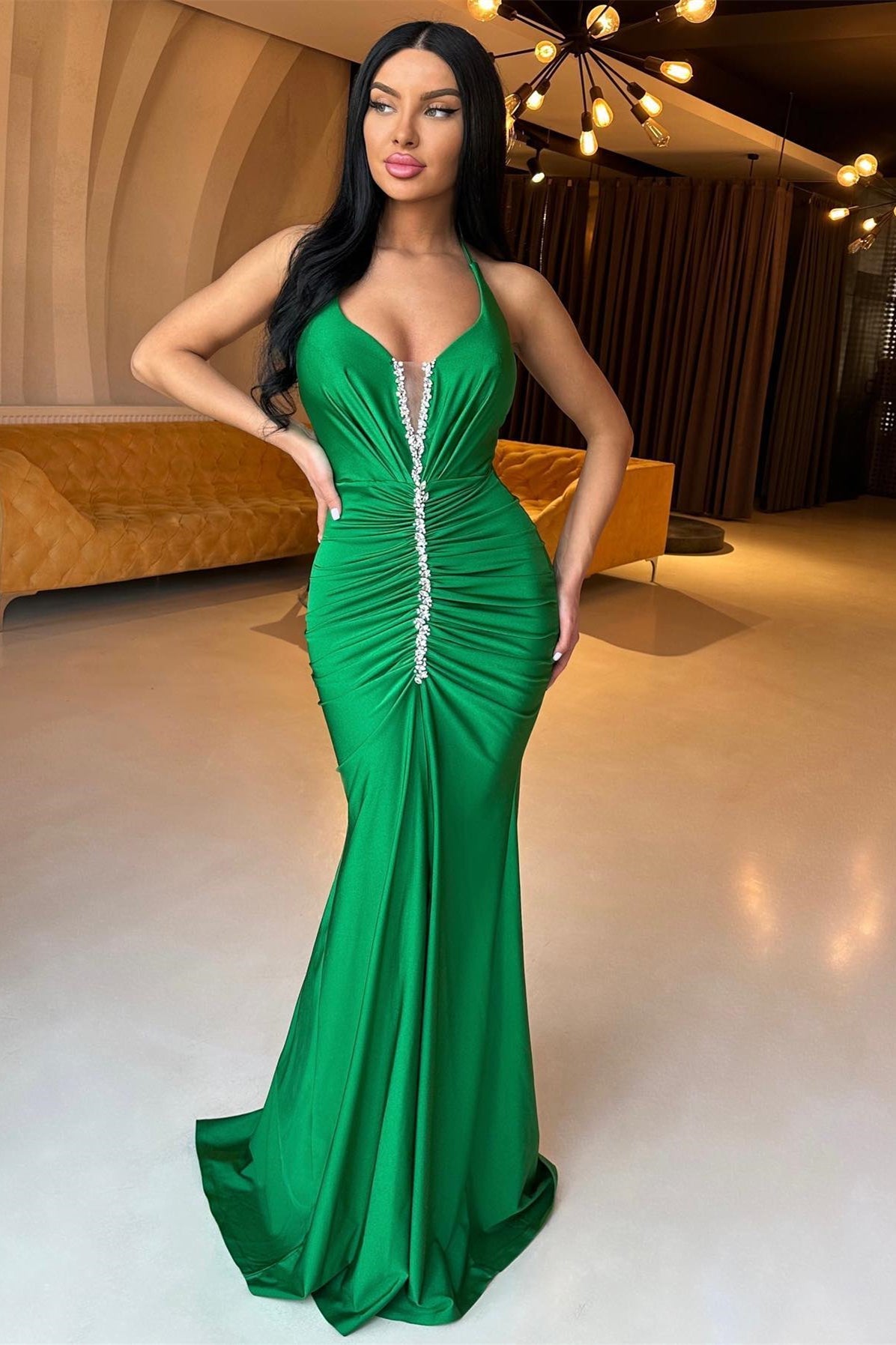 Gorgeous Green Halter Mermaid Prom Dress with Beadings and Front Split-Occasion Dress-BallBride