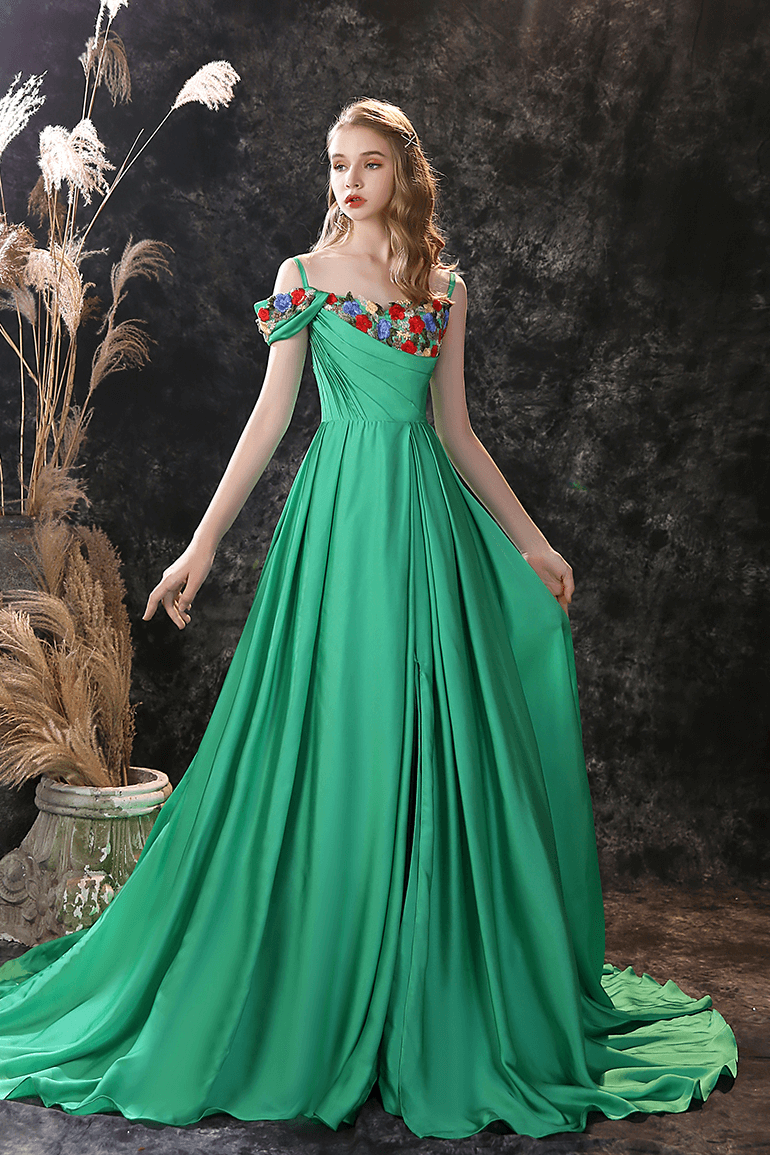 Gorgeous Green Off-the-Shoulder Long Prom Dress with Flower Embroidery-Occasion Dress-BallBride