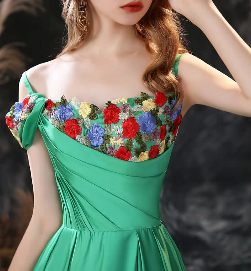 Gorgeous Green Off-the-Shoulder Long Prom Dress with Flower Embroidery-Occasion Dress-BallBride