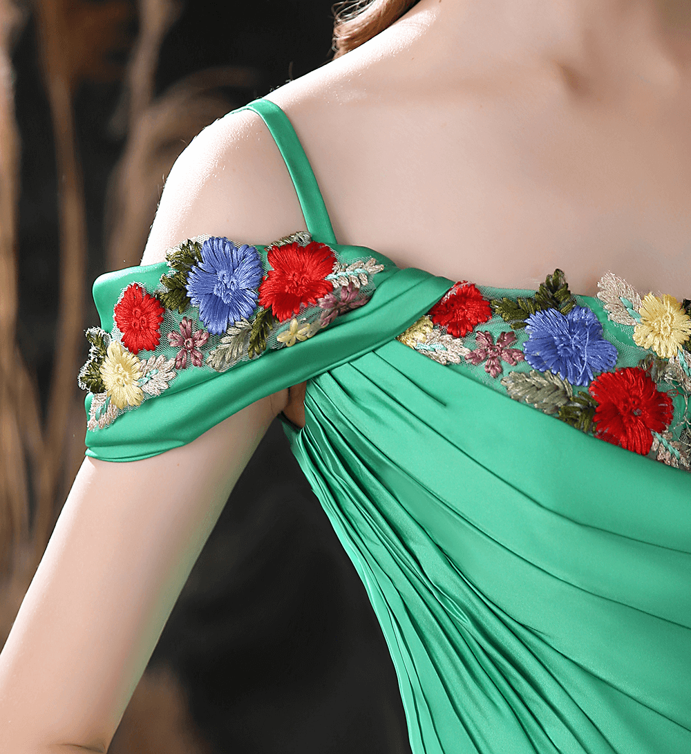 Gorgeous Green Off-the-Shoulder Long Prom Dress with Flower Embroidery-Occasion Dress-BallBride