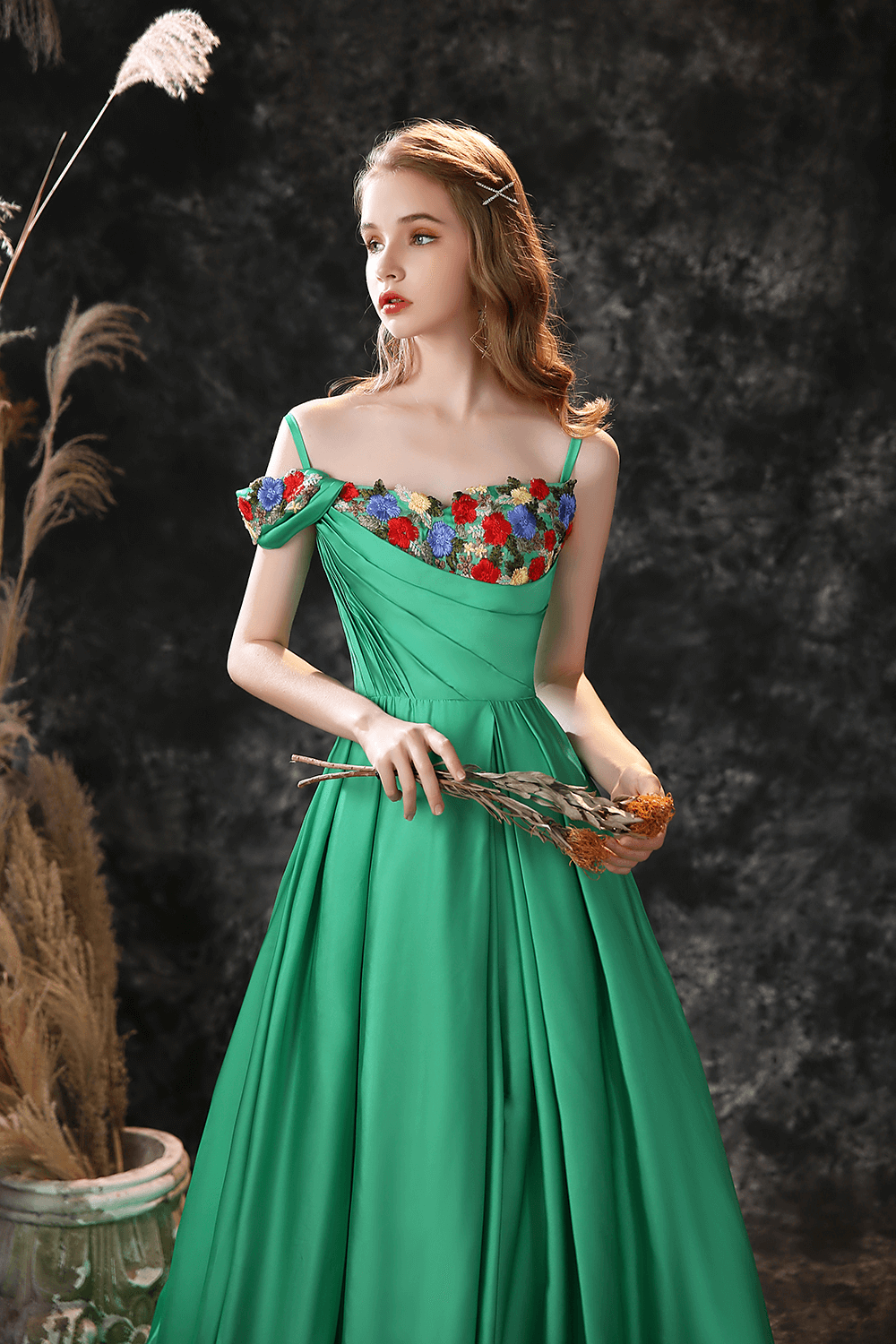 Gorgeous Green Off-the-Shoulder Long Prom Dress with Flower Embroidery-Occasion Dress-BallBride