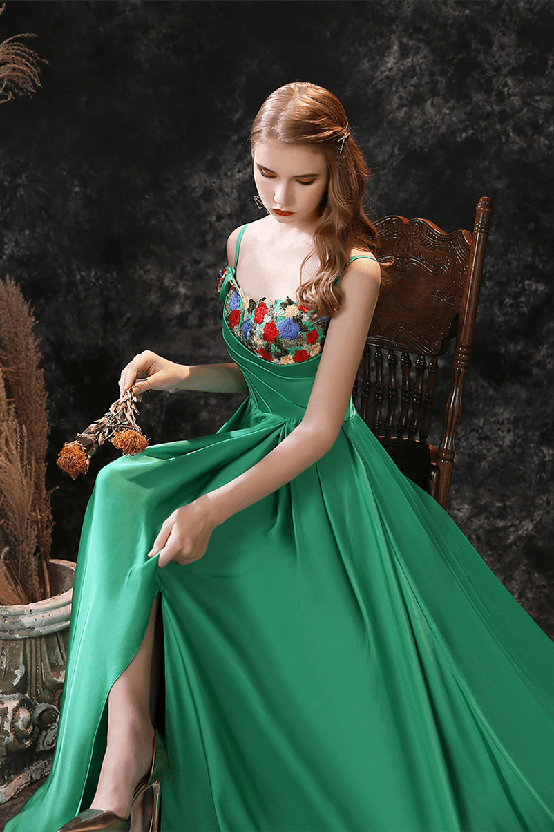 Gorgeous Green Off-the-Shoulder Long Prom Dress with Flower Embroidery-Occasion Dress-BallBride