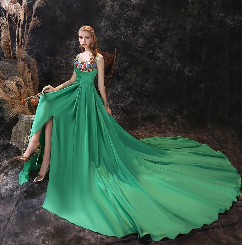 Gorgeous Green Off-the-Shoulder Long Prom Dress with Flower Embroidery-Occasion Dress-BallBride