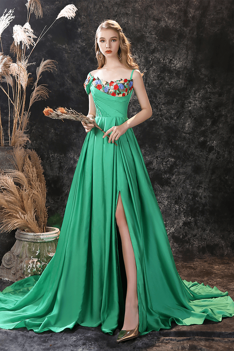 Gorgeous Green Off-the-Shoulder Long Prom Dress with Flower Embroidery-Occasion Dress-BallBride