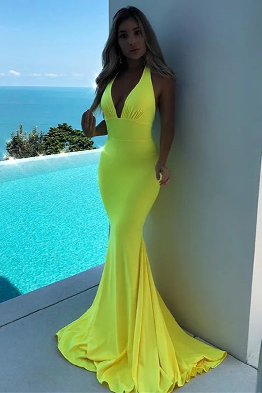 Gorgeous Halter Backless Mermaid Prom Dress Long Evening Party Gowns Online-BallBride