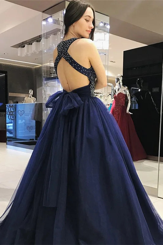 Gorgeous Halter Navy Blue Evening Dress Ball Gown With Beads-BallBride