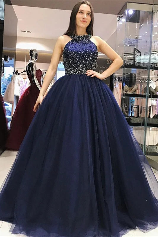 Gorgeous Halter Navy Blue Evening Dress Ball Gown With Beads-BallBride