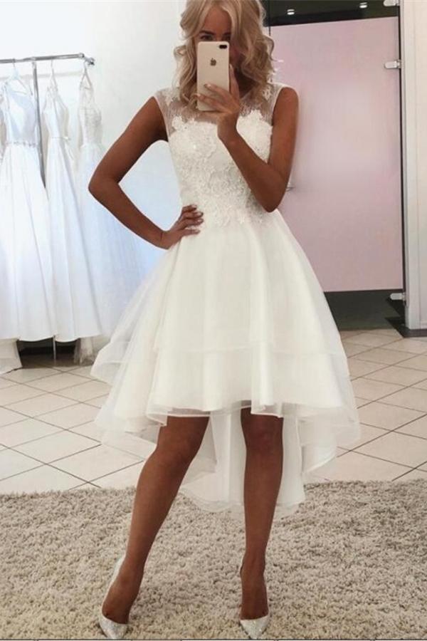 Gorgeous Hi-Lo A-line Bateau Sleeves Wedding Dress With Lace-Wedding Dresses-BallBride