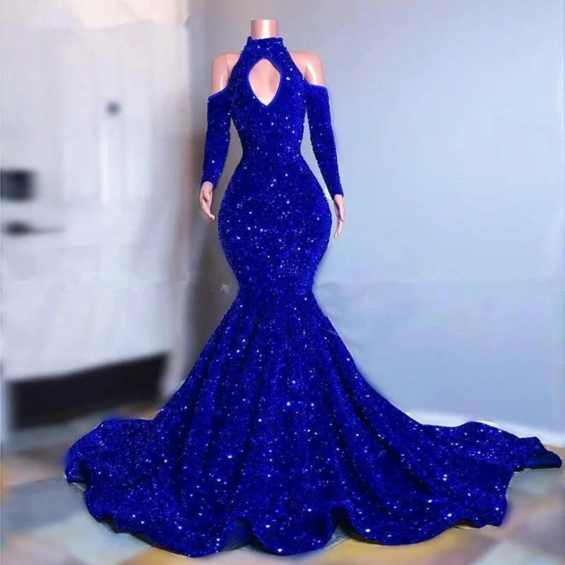 Gorgeous High Neck Royal Blue Mermaid Prom Dress Sequins Long Sleeves Evening Gowns-BallBride