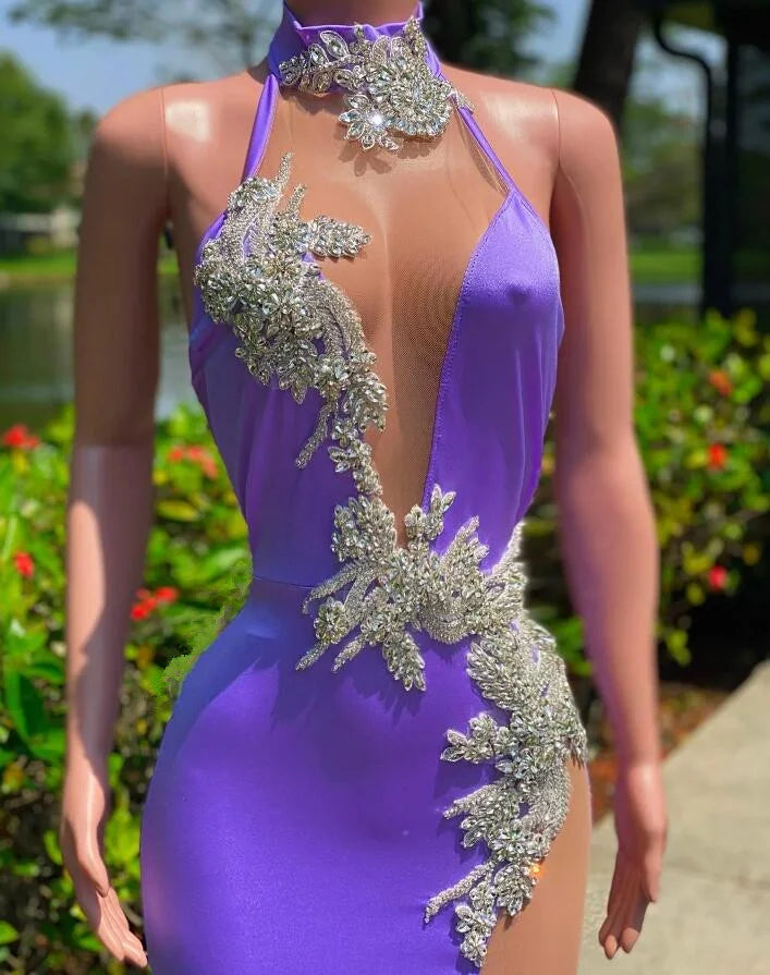 Gorgeous Lilac High Neck Evening Dress Mermaid Sleeveless Long With Beads-BallBride