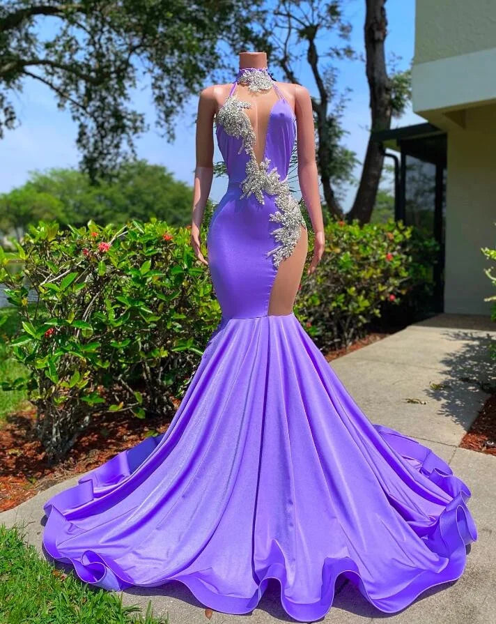 Gorgeous Lilac High Neck Evening Dress Mermaid Sleeveless Long With Beads-BallBride