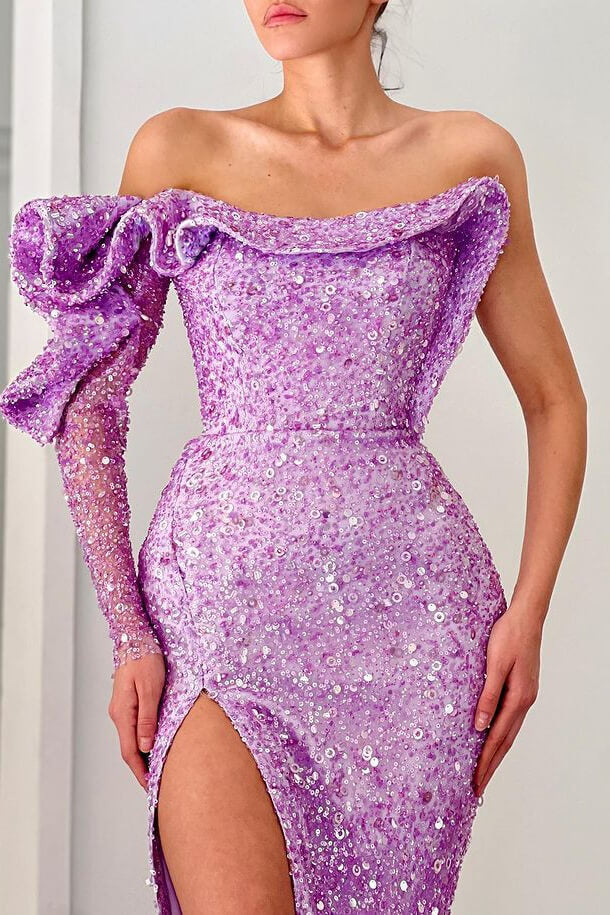 Gorgeous Lilac Long Sleeves Mermaid Prom Dress with Sequins Split Off-the-Shoulder-Occasion Dress-BallBride