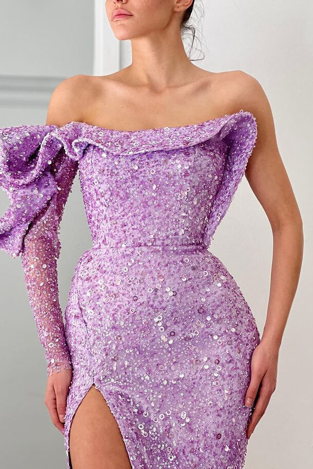 Gorgeous Lilac Long Sleeves Mermaid Prom Dress with Sequins Split Off-the-Shoulder-Occasion Dress-BallBride