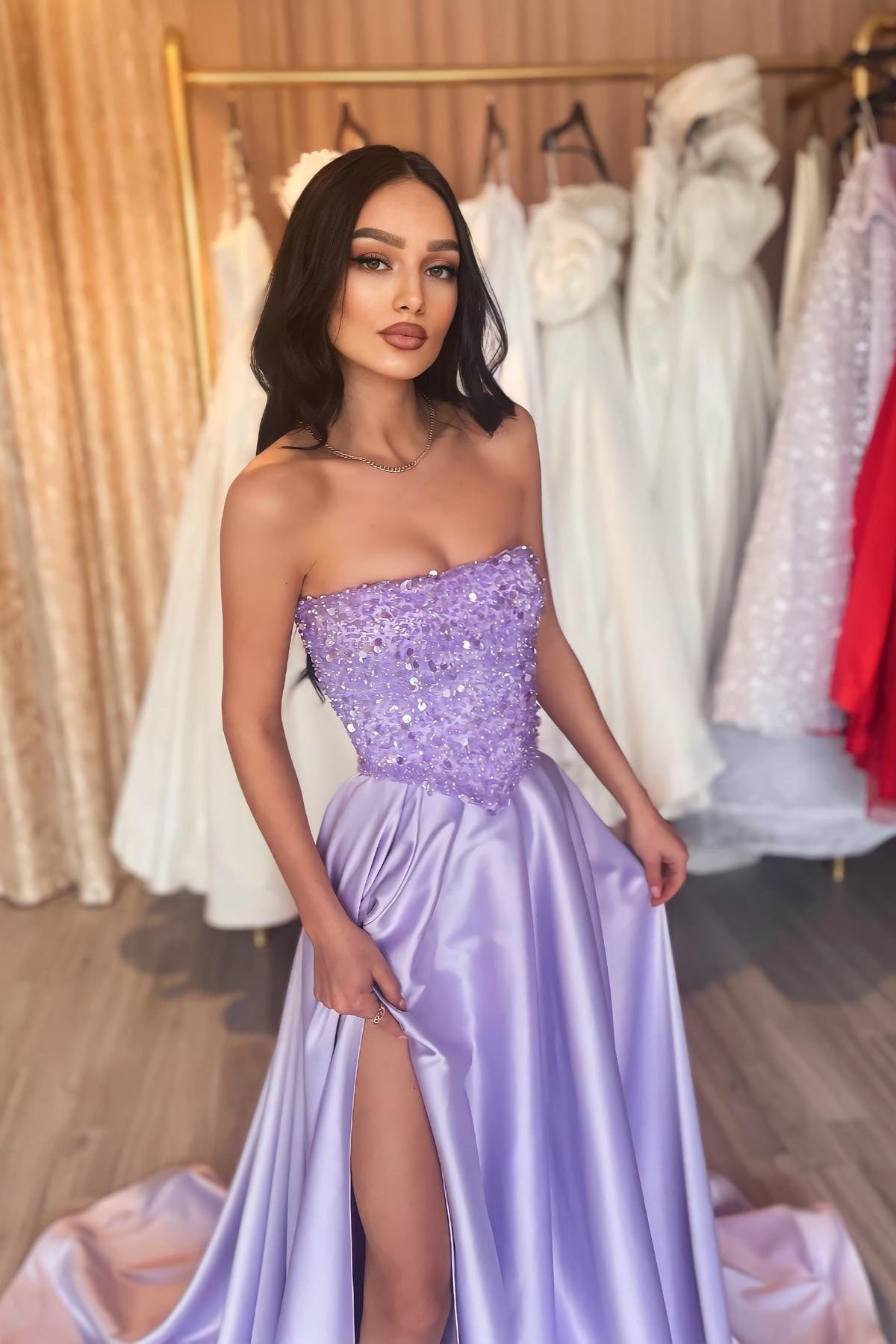 Gorgeous Lilac Strapless A-line Prom Dress with Sequins and Split-Occasion Dress-BallBride