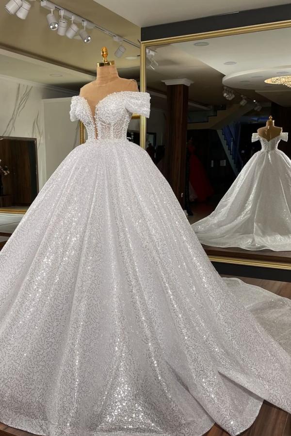 Gorgeous Long Ball Gown with Off-the-shoulder and Sequins - Wedding Dress-Wedding Dresses-BallBride