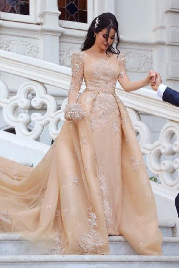 Gorgeous Long Sleeve Bateau Detachable Wedding Dress With Tulle-Wedding Dresses-BallBride