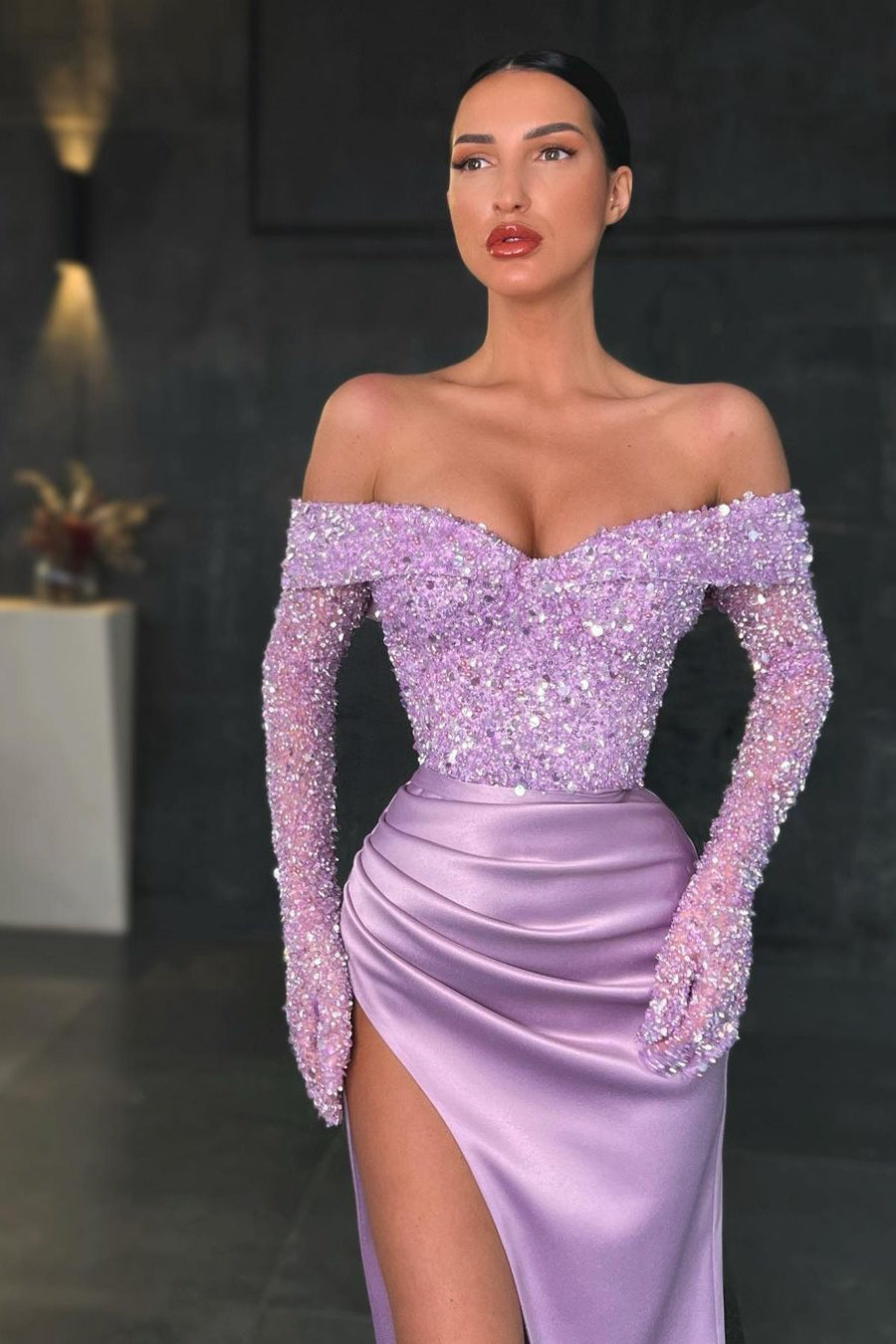 Gorgeous Long Sleeve Off-the-Shoulder Sequins Prom Dress Mermaid With Slit-Occasion Dress-BallBride