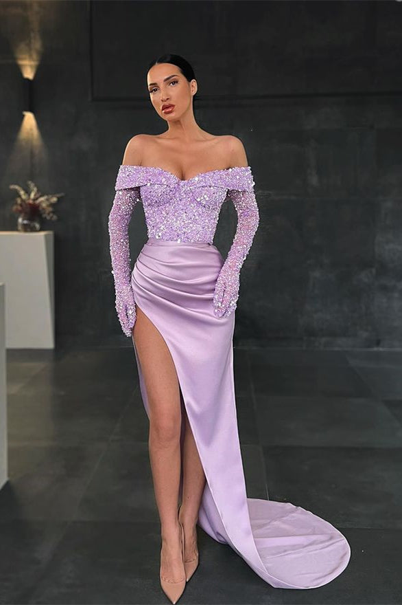 Gorgeous Long Sleeve Off-the-Shoulder Sequins Prom Dress Mermaid With Slit-Occasion Dress-BallBride