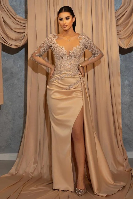 Gorgeous Long Sleeves Champagne Mermaid Evening Dress Slit With Appliques-BallBride