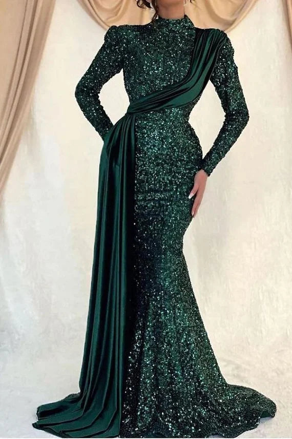 Gorgeous Long Sleeves High Neck Mermaid Evening Dress Sequins With Ruffle-BallBride