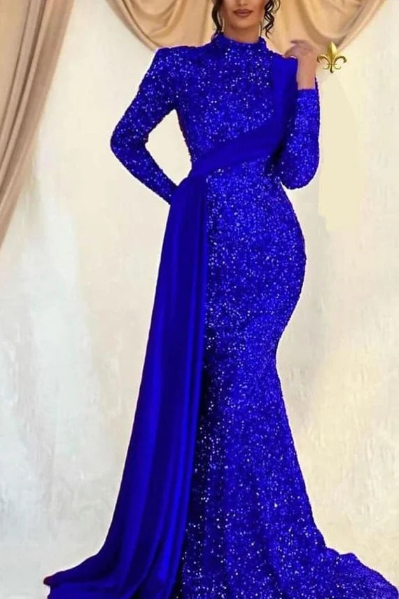 Gorgeous Long Sleeves High Neck Mermaid Evening Dress Sequins With Ruffle-BallBride