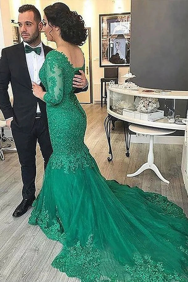 Gorgeous Long Sleeves Mermaid Emerald Green Evening Dress With Lace Appliques-BallBride