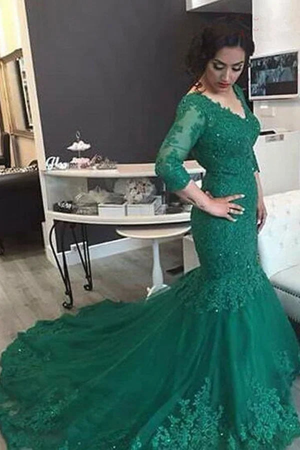 Gorgeous Long Sleeves Mermaid Emerald Green Evening Dress With Lace Appliques-BallBride