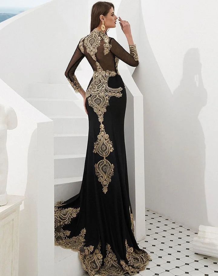 Gorgeous Long Sleeves Mermaid Evening Dress Gold Appliques With Cape-BallBride