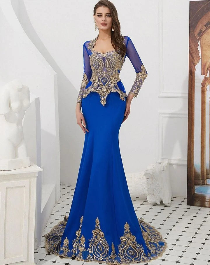 Gorgeous Long Sleeves Mermaid Evening Dress Gold Appliques With Cape-BallBride