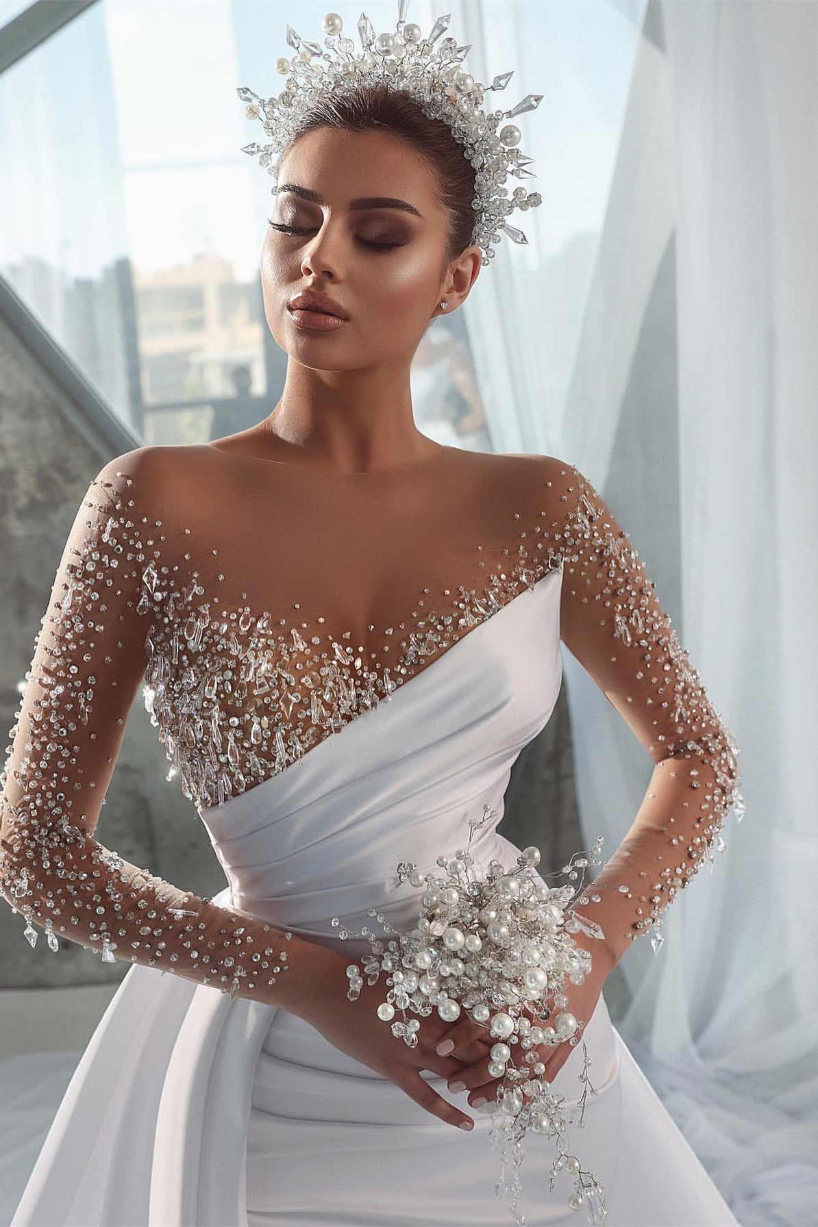 Gorgeous Long Sleeves Mermaid Wedding Dress with Beadings Overskirt-Wedding Dresses-BallBride