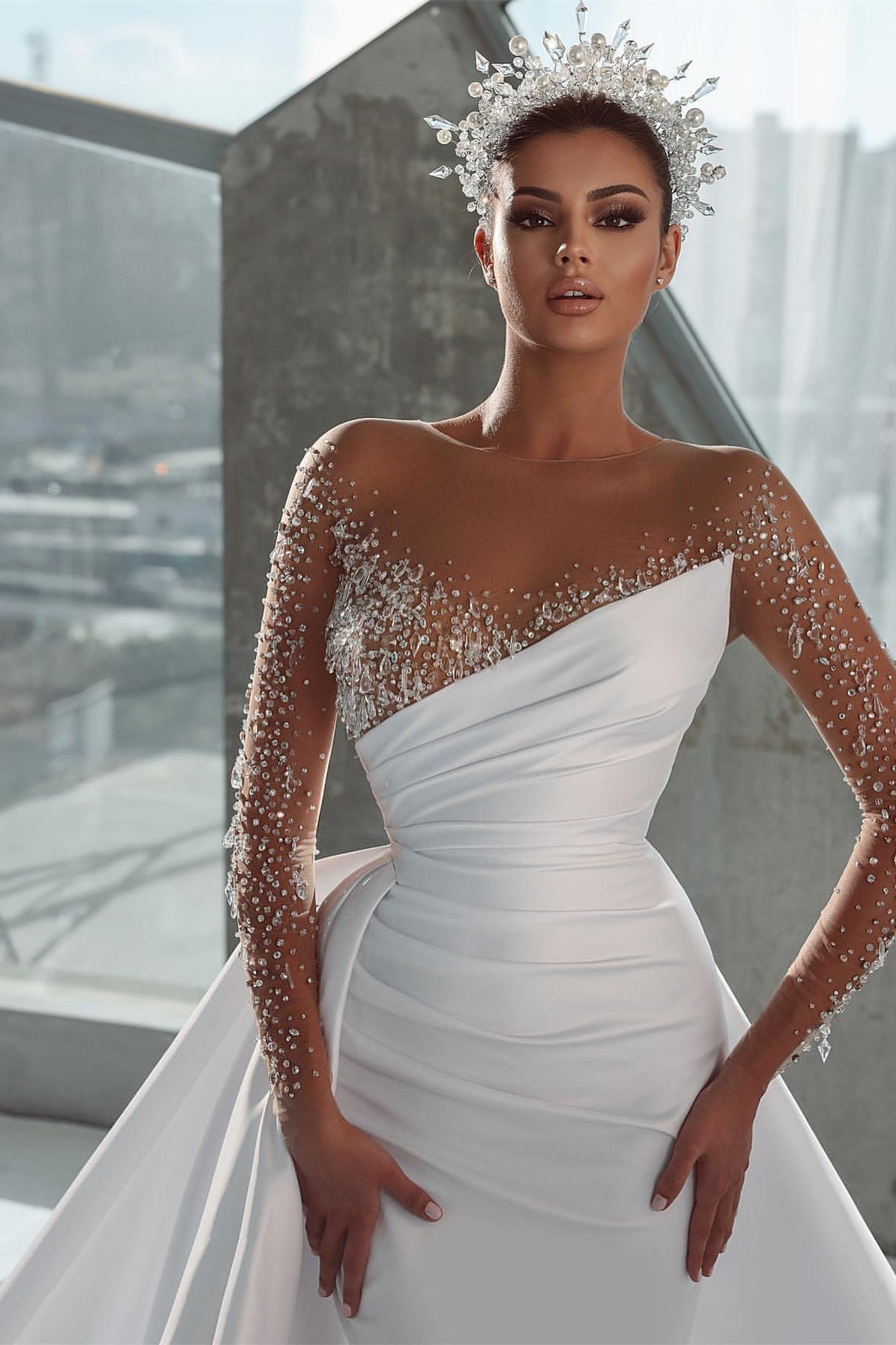 Gorgeous Long Sleeves Mermaid Wedding Dress with Beadings Overskirt-Wedding Dresses-BallBride