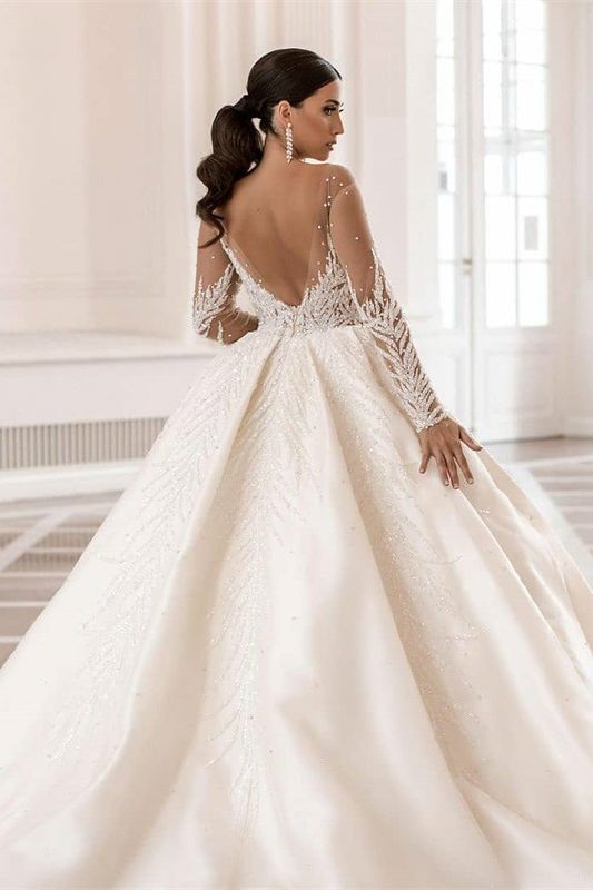Gorgeous Long Sleeves Satin Wedding Dress with Crystal Pearl-Wedding Dresses-BallBride