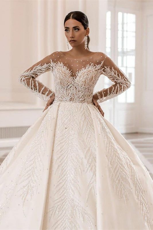 Gorgeous Long Sleeves Satin Wedding Dress with Crystal Pearl-Wedding Dresses-BallBride