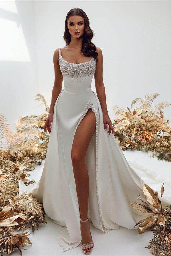 Gorgeous Mermaid Wedding Dress with Pearls and Split Long Sleeves-Wedding Dresses-BallBride